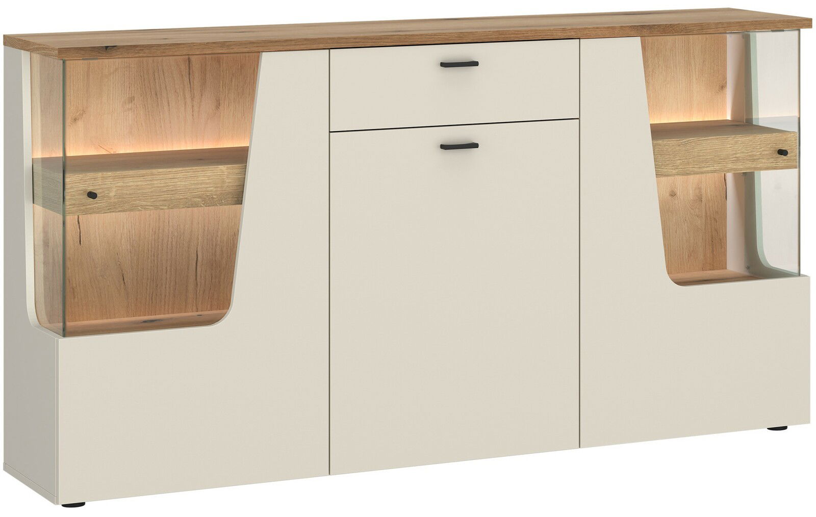 Modernes Sideboard mit Holz- und Glaselementen, frontal betrachtet