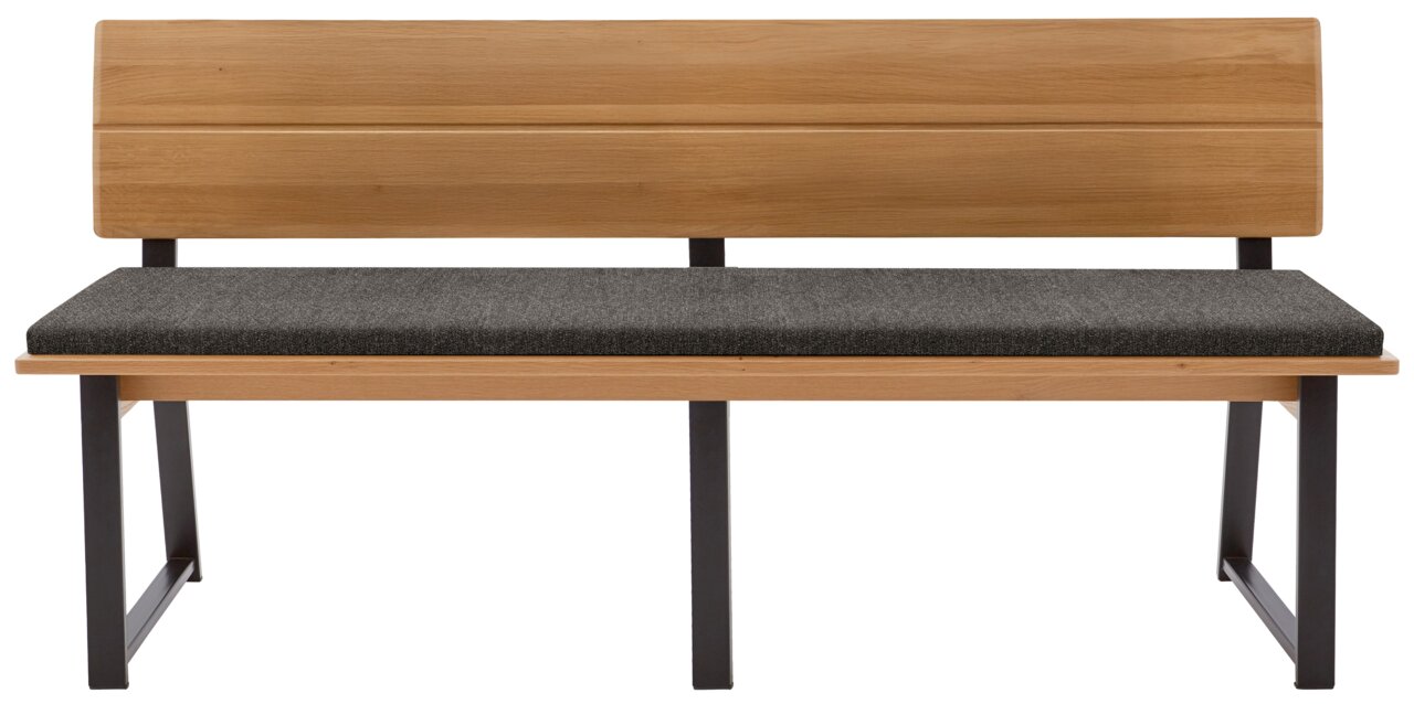 Moderne Holzbank mit schwarzem Metallgestell und gepolsterter Sitzfläche, Frontalansicht