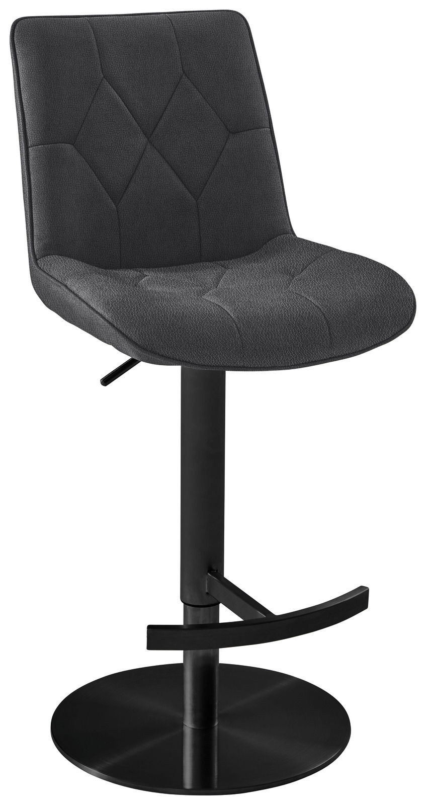 Novel Barhocker HENRY Moderner Barhocker mit schwarzem, gepolstertem Sitz und Rückenlehne, schwarzem Metallgestell und Fußstütze, seitliche Perspektive.