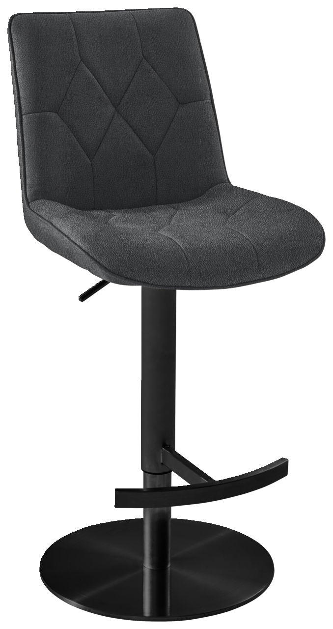 Novel Barhocker HENRY Moderner Barhocker mit schwarzem, gepolstertem Sitz und Rückenlehne, schwarzem Metallgestell und Fußstütze, seitliche Perspektive.