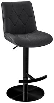 Moderner Barhocker mit schwarzem, gepolstertem Sitz und Rückenlehne, schwarzem Metallgestell und Fußstütze, seitliche Perspektive.