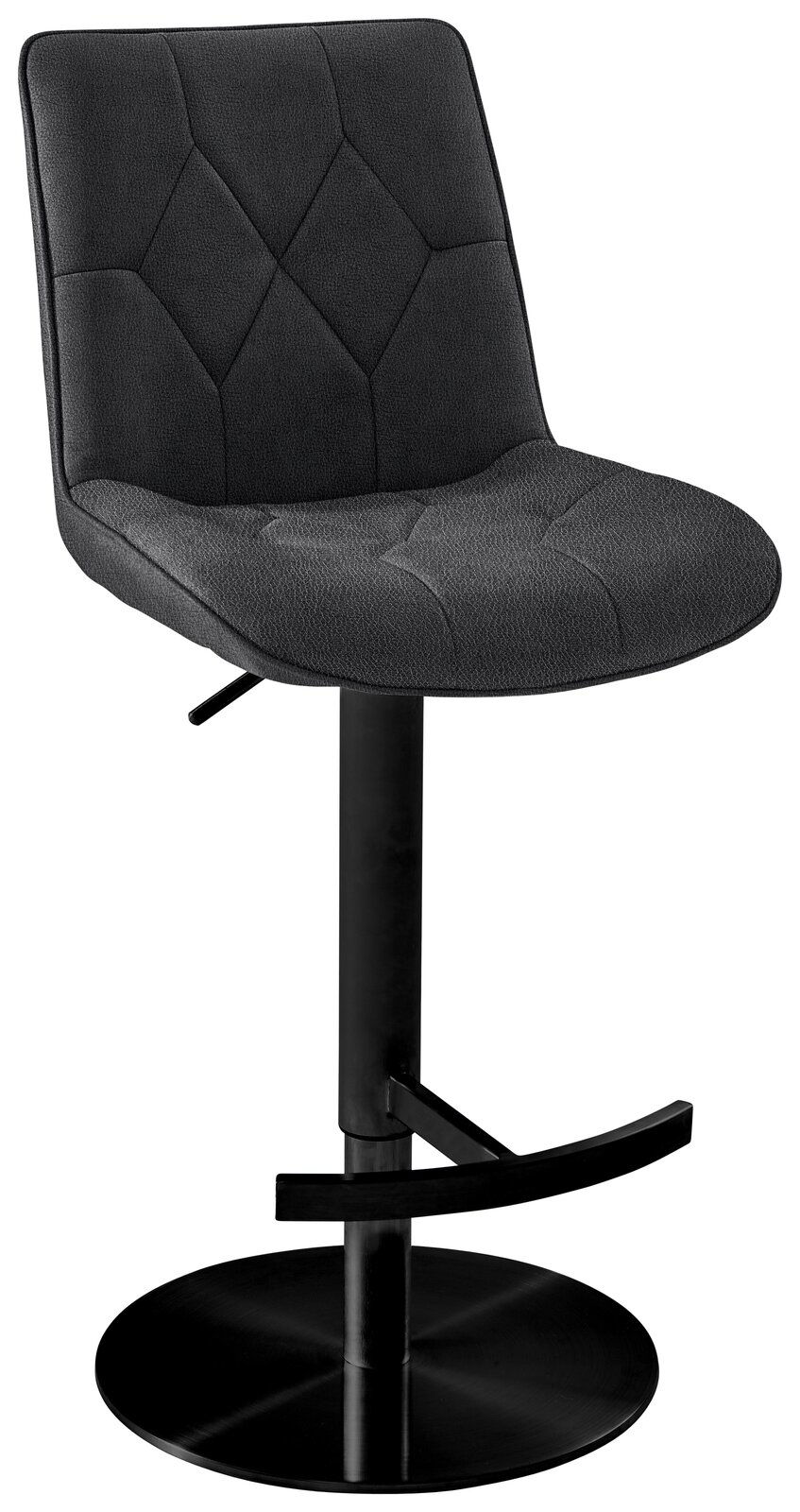 Moderner Barhocker mit schwarzem, gepolstertem Sitz und Rückenlehne, schwarzem Metallgestell und Fußstütze, seitliche Perspektive.