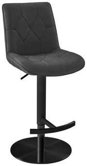 Moderner Barhocker mit schwarzem, gepolstertem Sitz und Rückenlehne, schwarzem Metallgestell und Fußstütze, seitliche Perspektive.