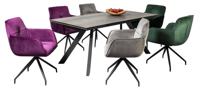 Moderner Esstisch mit sechs farbigen Samtstühlen, seitliche Perspektive