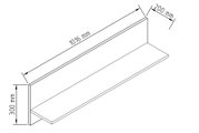 Isometrische technische Zeichnung eines L-förmigen Wandregals/Wandboards mit Maßen 1016 mm Länge, 200 mm Tiefe und 300 mm Höhe, Ansicht schräg von oben.