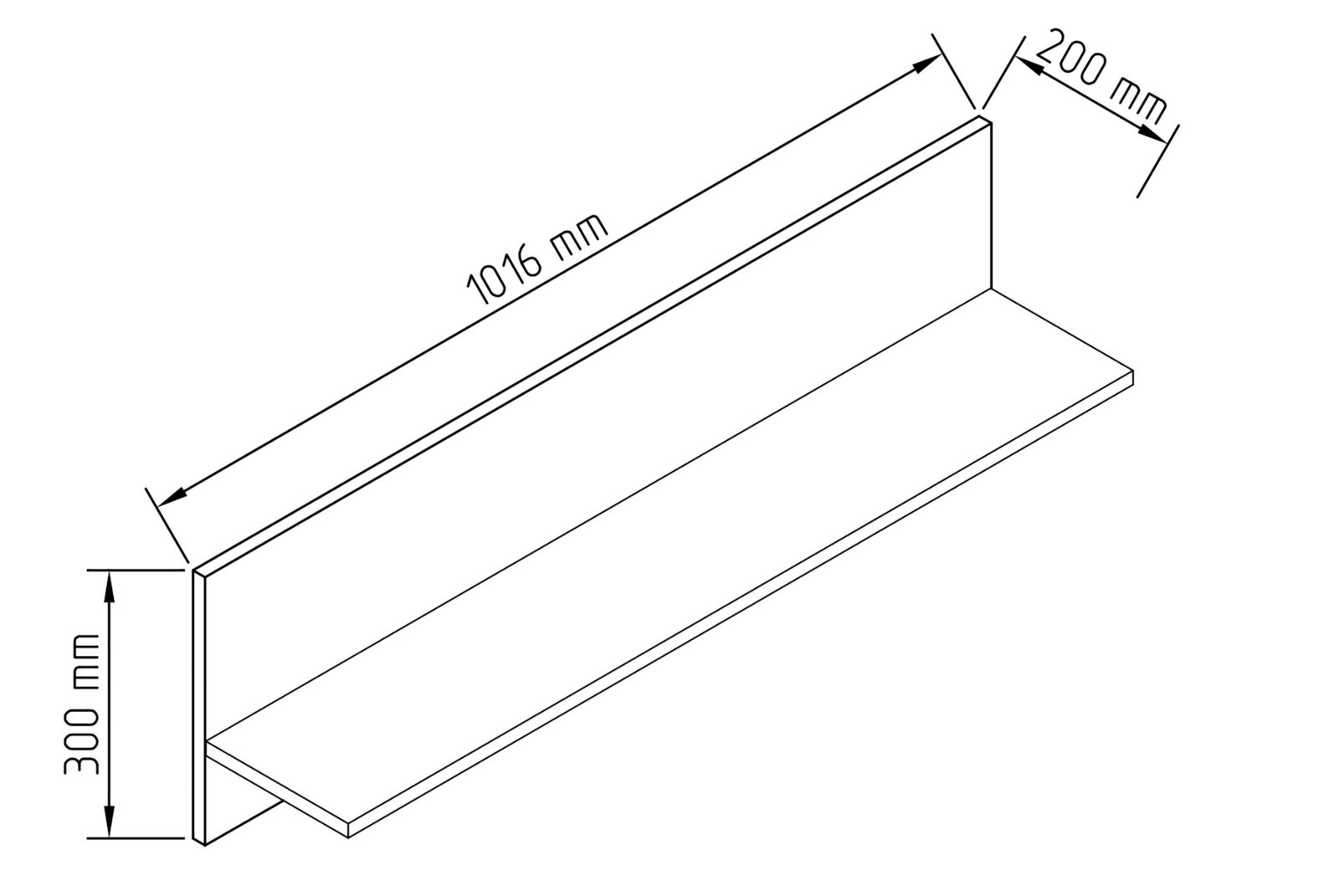 Isometrische technische Zeichnung eines L-förmigen Wandregals/Wandboards mit Maßen 1016 mm Länge, 200 mm Tiefe und 300 mm Höhe, Ansicht schräg von oben.
