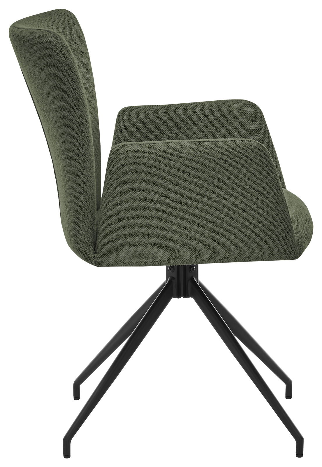 Grüner Armlehnstuhl mit schwarzem Metallgestell, Seitenansicht