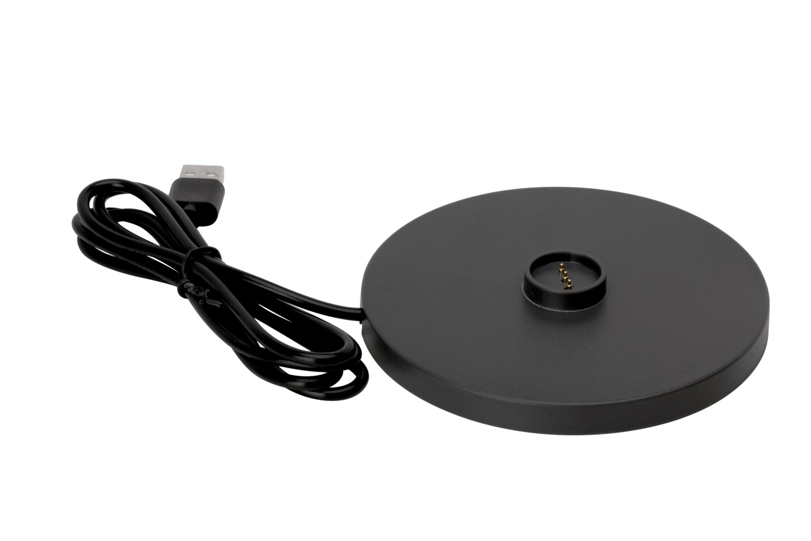 Schwarze runde Ladestation mit USB-Kabel, seitliche Perspektive