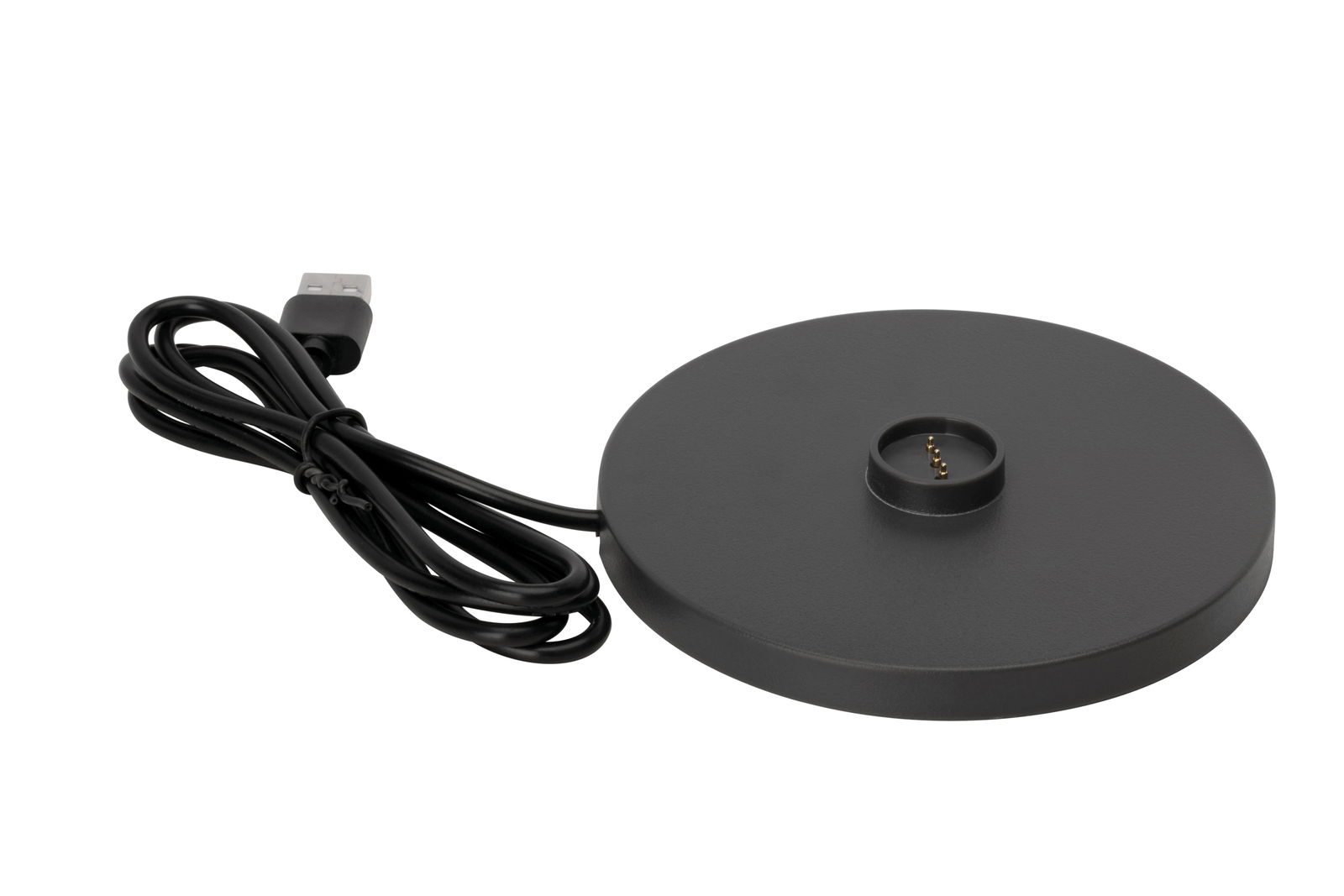 Schwarze runde Ladestation mit USB-Kabel, seitliche Perspektive