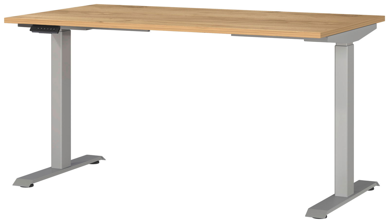 Elektrisch höhenverstellbarer Schreibtisch mit Holzplatte und grauem Metallgestell, seitliche Perspektive