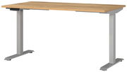 Elektrisch höhenverstellbarer Schreibtisch mit Holzplatte und grauem Metallgestell, seitliche Perspektive