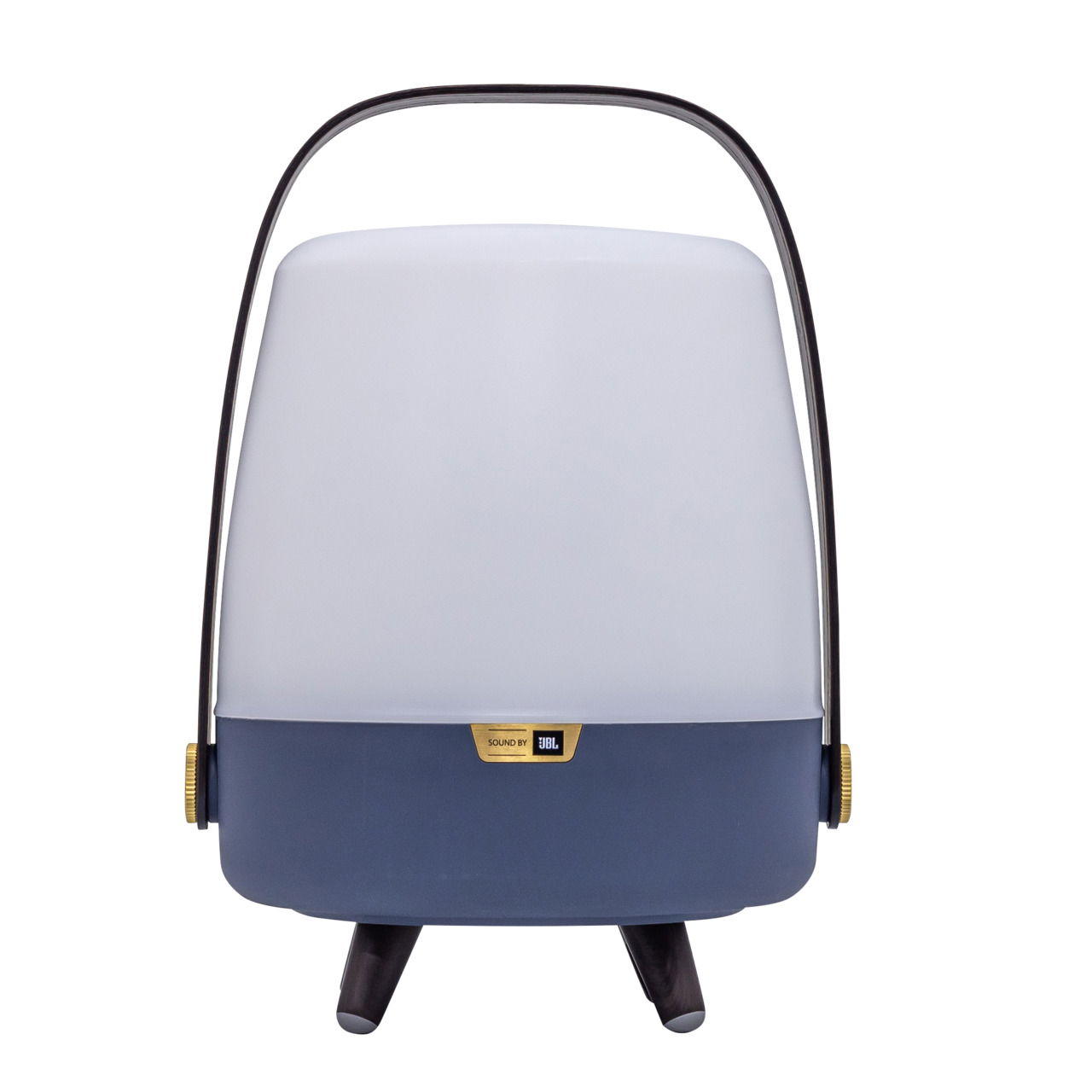 Frontansicht einer tragbaren Lampe mit Lautsprecherfunktion, weißes Oberteil und blauer Sockel, mit JBL-Logo.