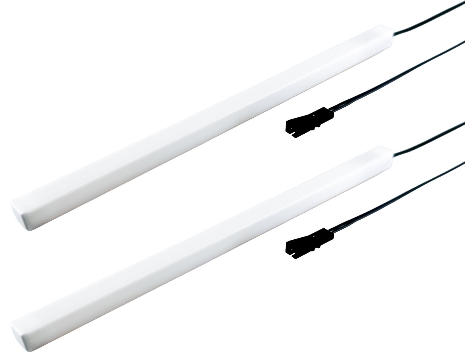 Cantus LED-Profilbeleuchtung 2er-Set DONNA Zwei weiße LED-Lichtleisten mit schwarzen Anschlusskabeln und Steckverbindern, freigestellt auf weißem Hintergrund, schräg von oben in Perspektive fotografiert