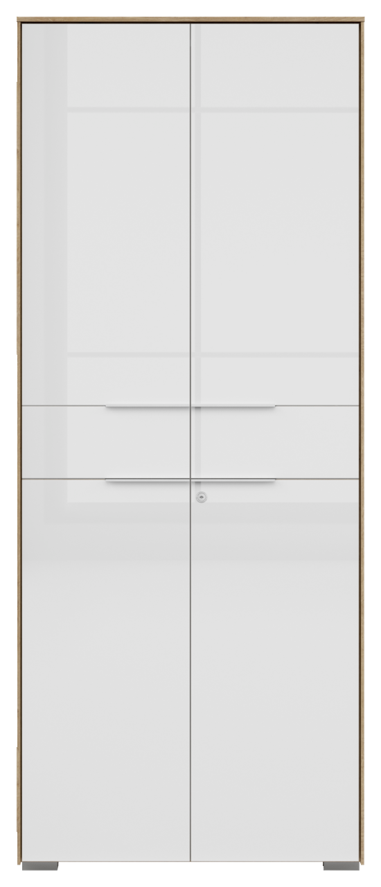 Vorderansicht eines zweiflügeligen Aktenschranks mit weißer Hochglanzoberfläche und Holzrahmen.