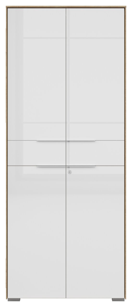 Vorderansicht eines zweiflügeligen Aktenschranks mit weißer Hochglanzoberfläche und Holzrahmen.