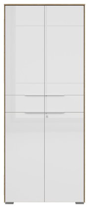 Vorderansicht eines zweiflügeligen Aktenschranks mit weißer Hochglanzoberfläche und Holzrahmen.