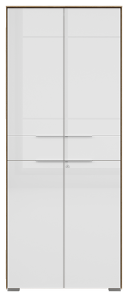 Vorderansicht eines zweiflügeligen Aktenschranks mit weißer Hochglanzoberfläche und Holzrahmen.