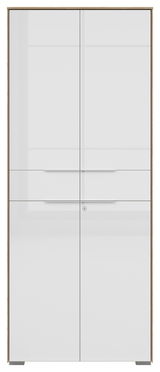 Vorderansicht eines zweiflügeligen Aktenschranks mit weißer Hochglanzoberfläche und Holzrahmen.