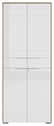 Vorderansicht eines zweiflügeligen Aktenschranks mit weißer Hochglanzoberfläche und Holzrahmen.