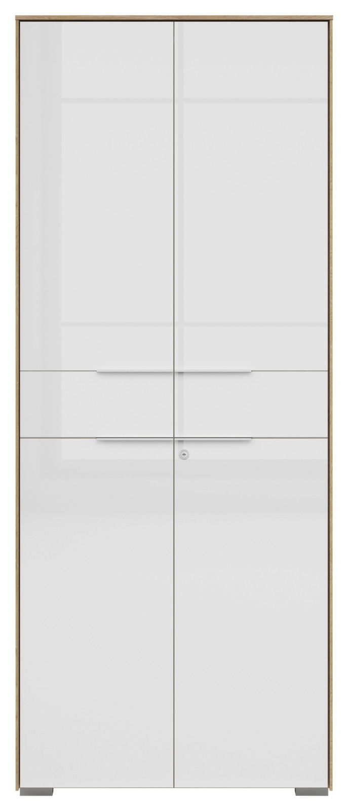 Vorderansicht eines zweiflügeligen Aktenschranks mit weißer Hochglanzoberfläche und Holzrahmen.