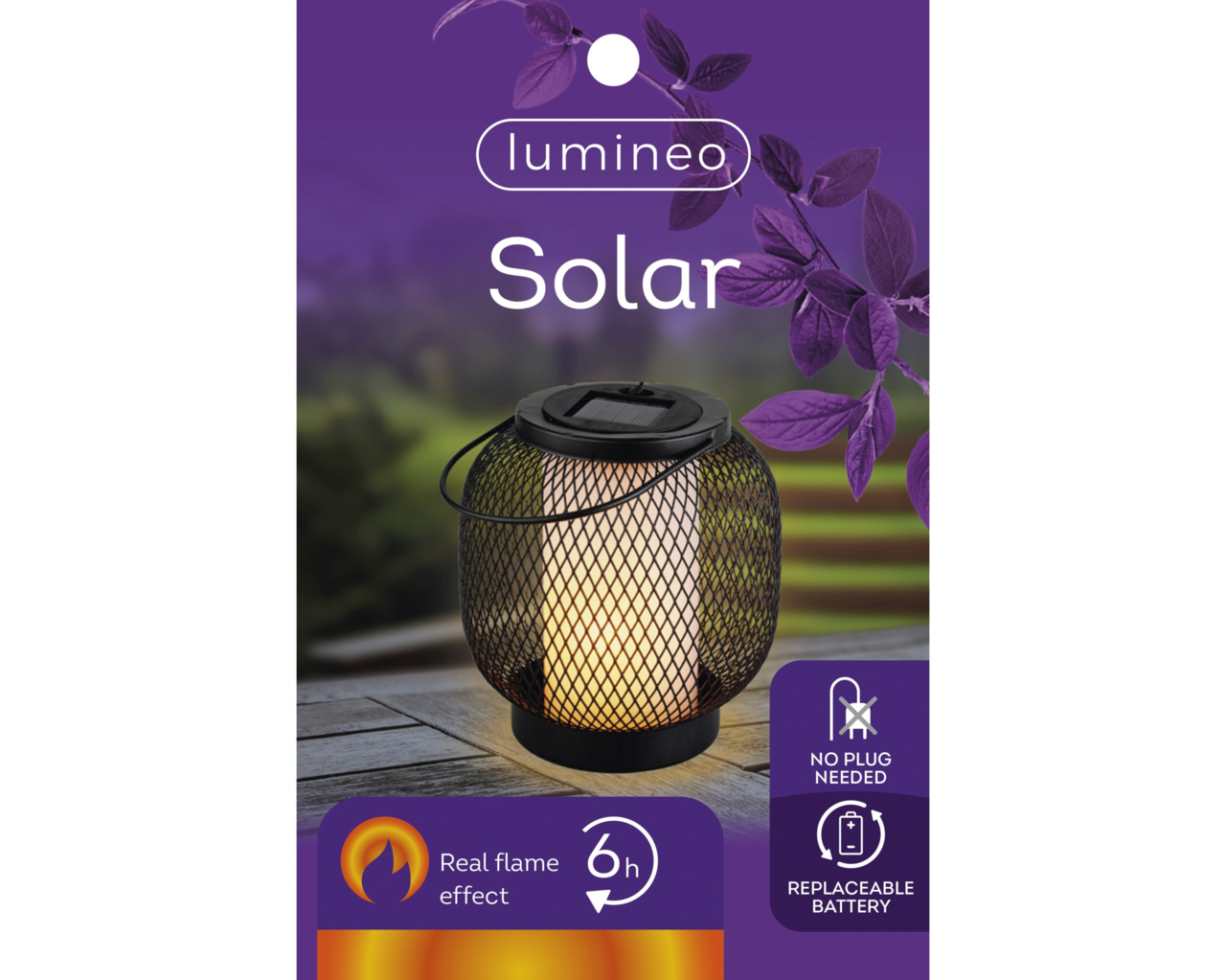 Solar Laterne aus Metall mit realistischem Flammeneffekt, seitliche Perspektive, geeignet für den Außenbereich, benötigt keinen Stromanschluss, austauschbare Batterie, leuchtet bis zu 6 Stunden.