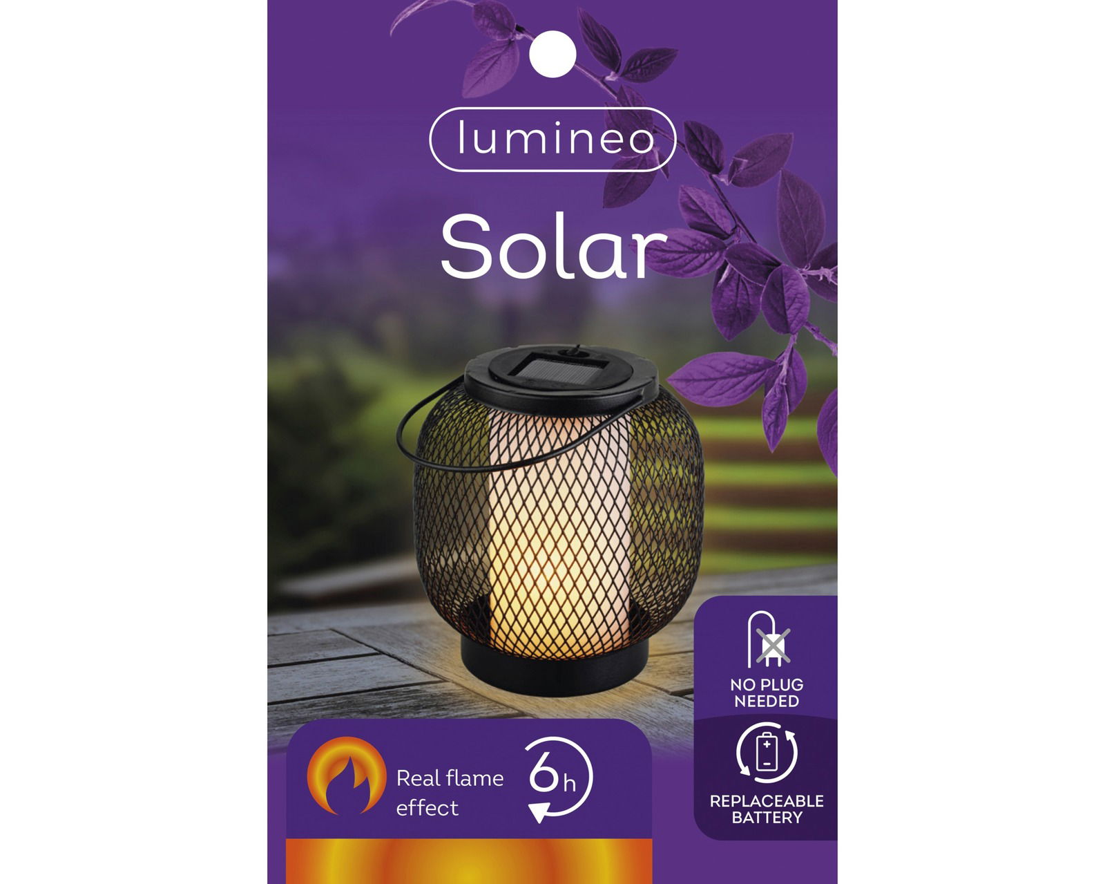 Solar Laterne aus Metall mit realistischem Flammeneffekt, seitliche Perspektive, geeignet für den Außenbereich, benötigt keinen Stromanschluss, austauschbare Batterie, leuchtet bis zu 6 Stunden.