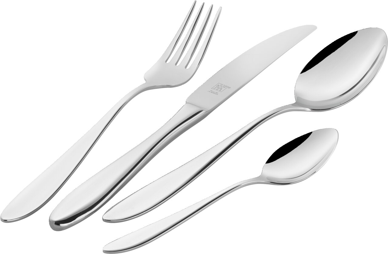 Elegantes Besteckset Beverly 30-tlg. aus Edelstahl, bestehend aus Messer, Gabel, Esslöffel und Teelöffel, in seitlicher Perspektive.