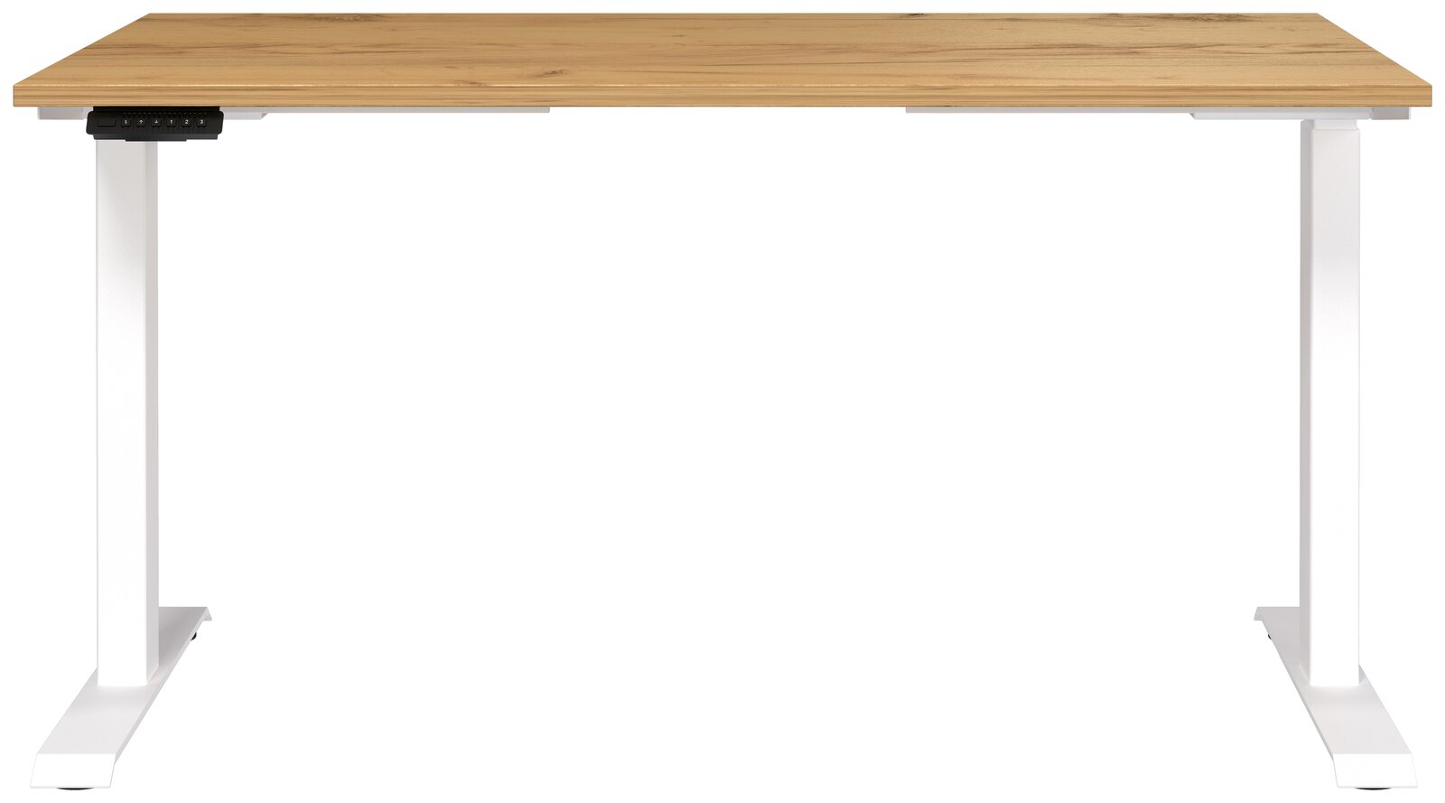 Elektrisch höhenverstellbarer Schreibtisch mit Holzplatte und weißen Metallbeinen, Frontalansicht