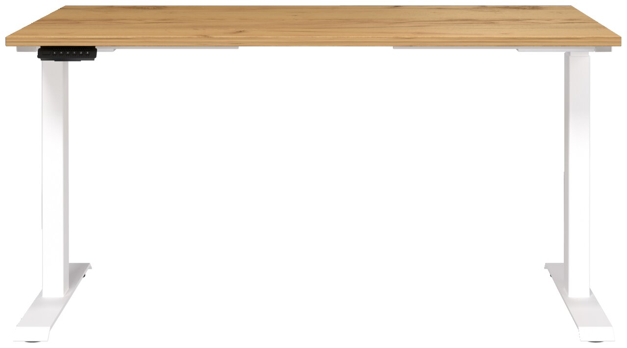 Elektrisch höhenverstellbarer Schreibtisch mit Holzplatte und weißen Metallbeinen, Frontalansicht