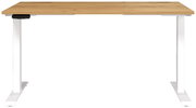 Elektrisch höhenverstellbarer Schreibtisch mit Holzplatte und weißen Metallbeinen, Frontalansicht