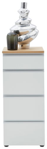 Schubkastenkommode 45 mit vier Schubladen, aus weißem Material mit Holzplatte, dekoriert mit einer modernen Skulptur und einer Vase, Frontalansicht.