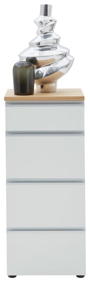 Schubkastenkommode 45 mit vier Schubladen, aus weißem Material mit Holzplatte, dekoriert mit einer modernen Skulptur und einer Vase, Frontalansicht.