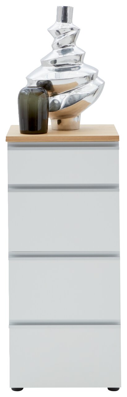 Schubkastenkommode 45 mit vier Schubladen, aus weißem Material mit Holzplatte, dekoriert mit einer modernen Skulptur und einer Vase, Frontalansicht.