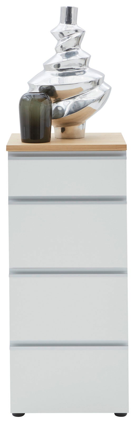 Schubkastenkommode 45 mit vier Schubladen, aus weißem Material mit Holzplatte, dekoriert mit einer modernen Skulptur und einer Vase, Frontalansicht.