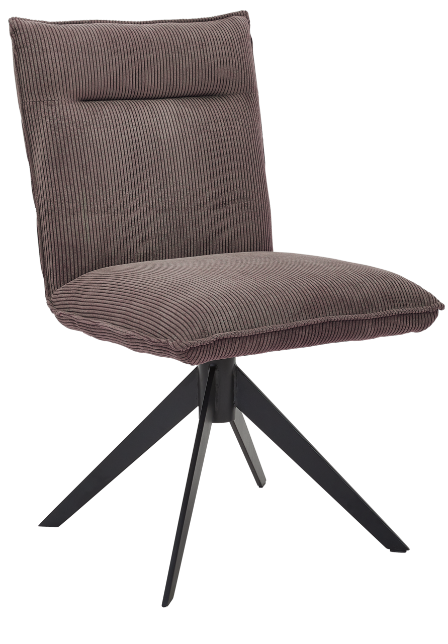 Johann Jakob Stuhl CALAS Moderner Stuhl mit gestreiftem Stoffbezug und schwarzem Metallgestell, seitliche Perspektive