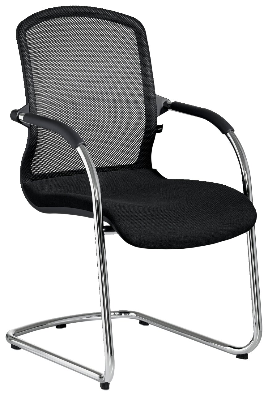 Moderner Besucherstuhl mit schwarzem Netzrücken und verchromtem Gestell, seitliche Perspektive