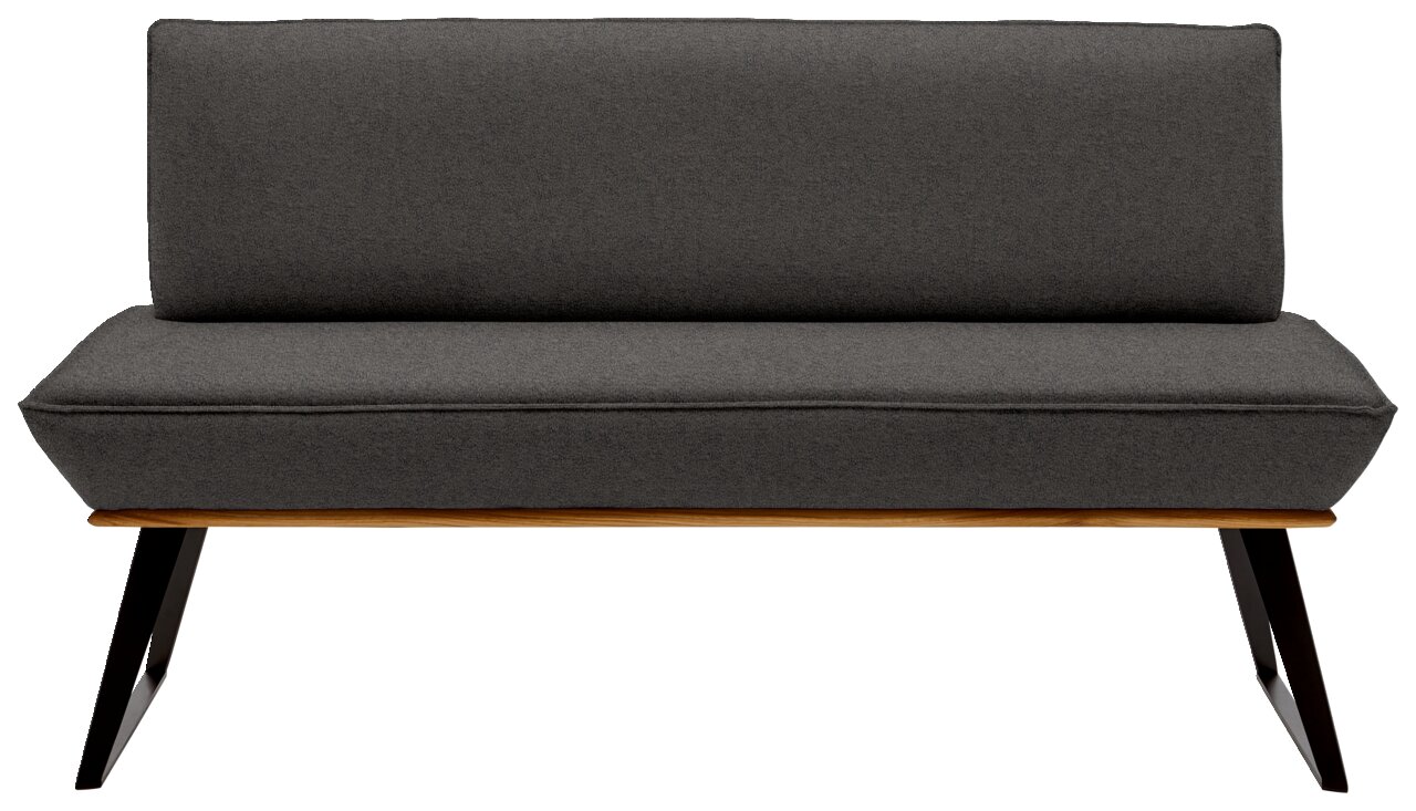 Graue Bank mit gepolsterter Sitzfläche und Rückenlehne, Holzrahmen und schwarzen Metallbeinen, Frontalansicht
