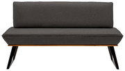 Graue Bank mit gepolsterter Sitzfläche und Rückenlehne, Holzrahmen und schwarzen Metallbeinen, Frontalansicht