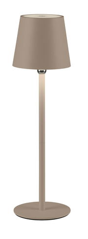 Akku-Tischleuchte BOTERIA in seitlicher Perspektive, mit schlichtem, modernem Design und einem runden Lampenschirm.