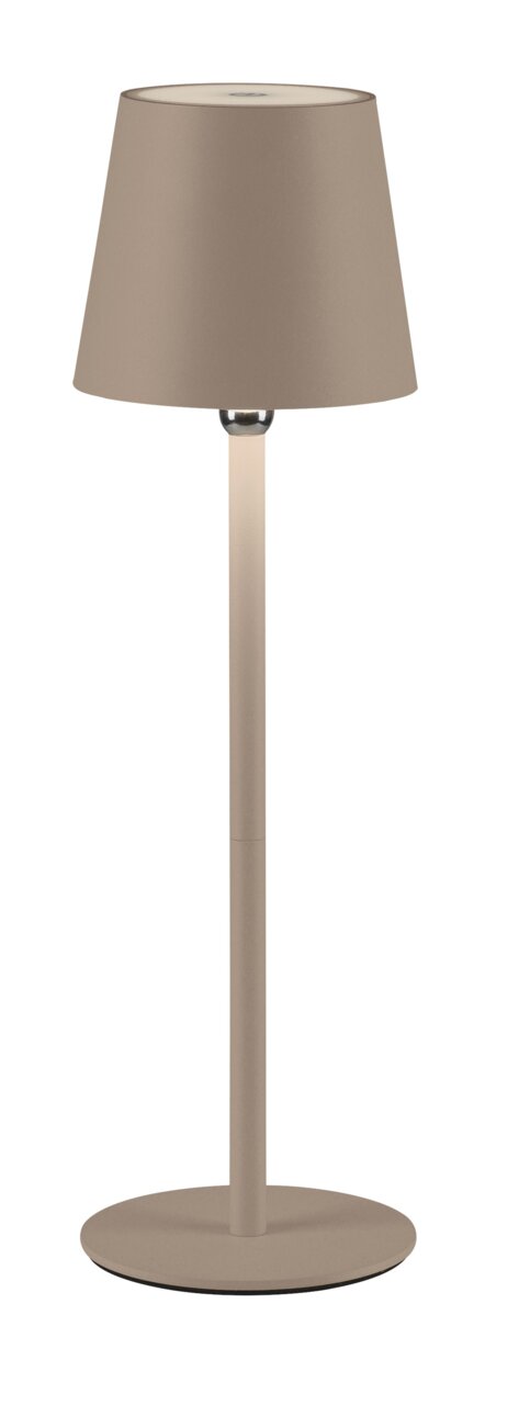 Akku-Tischleuchte BOTERIA in seitlicher Perspektive, mit schlichtem, modernem Design und einem runden Lampenschirm.