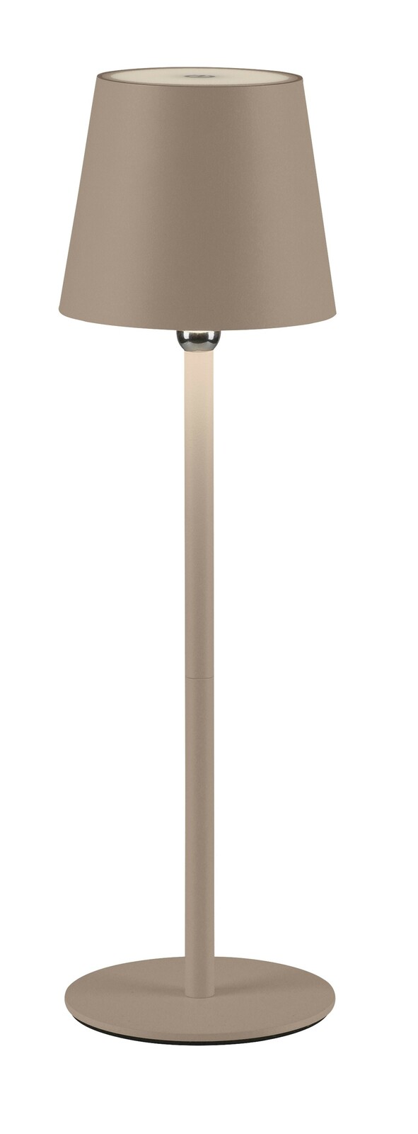 Akku-Tischleuchte BOTERIA in seitlicher Perspektive, mit schlichtem, modernem Design und einem runden Lampenschirm.