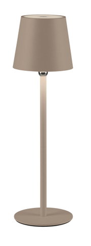Akku-Tischleuchte BOTERIA in seitlicher Perspektive, mit schlichtem, modernem Design und einem runden Lampenschirm.