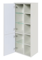 Offener weißer Midischrank mit Glaseinlegeböden, seitliche Perspektive