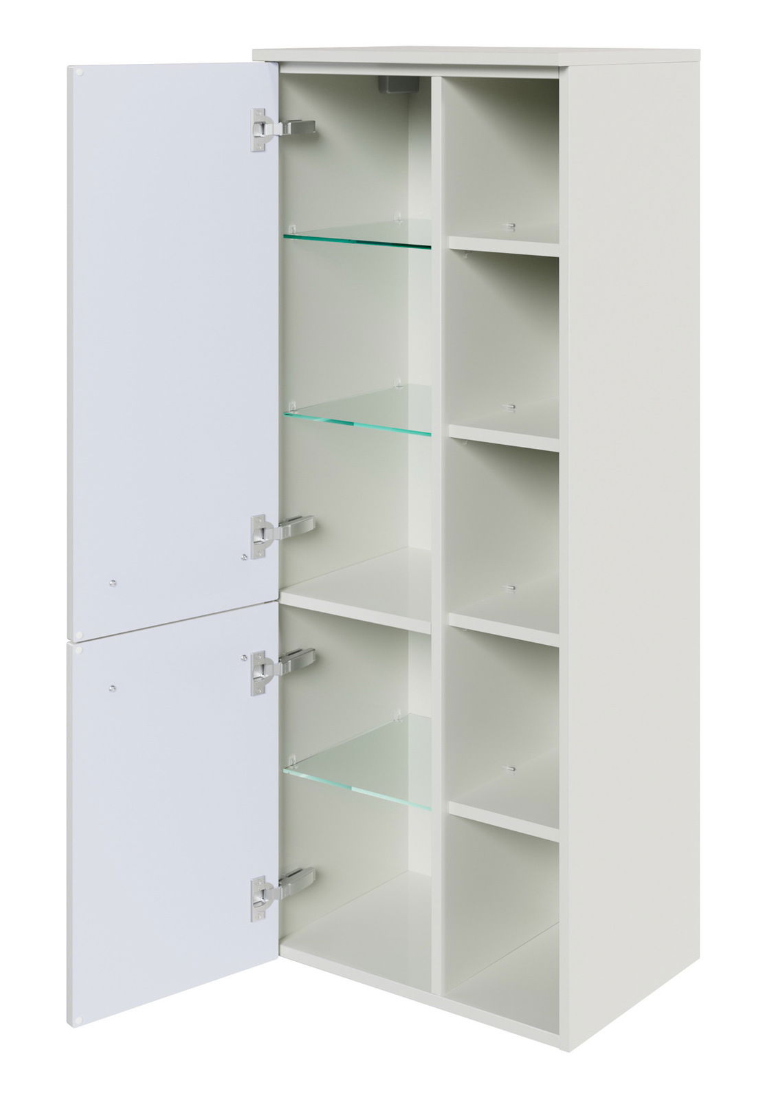 Offener weißer Midischrank mit Glaseinlegeböden, seitliche Perspektive