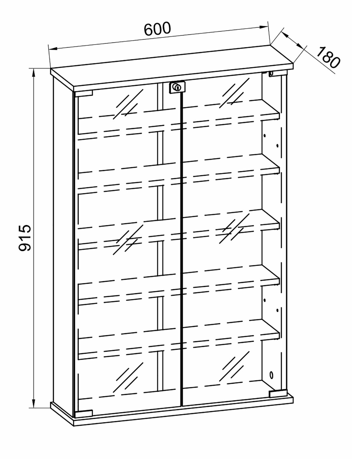 Technische Zeichnung eines schmalen Bad-Spiegelschranks mit zwei Spiegeltüren und mehreren Einlegeböden, Maße ca. 600 x 915 x 180 mm, dargestellt in schräger Vorderansicht (Perspektive).