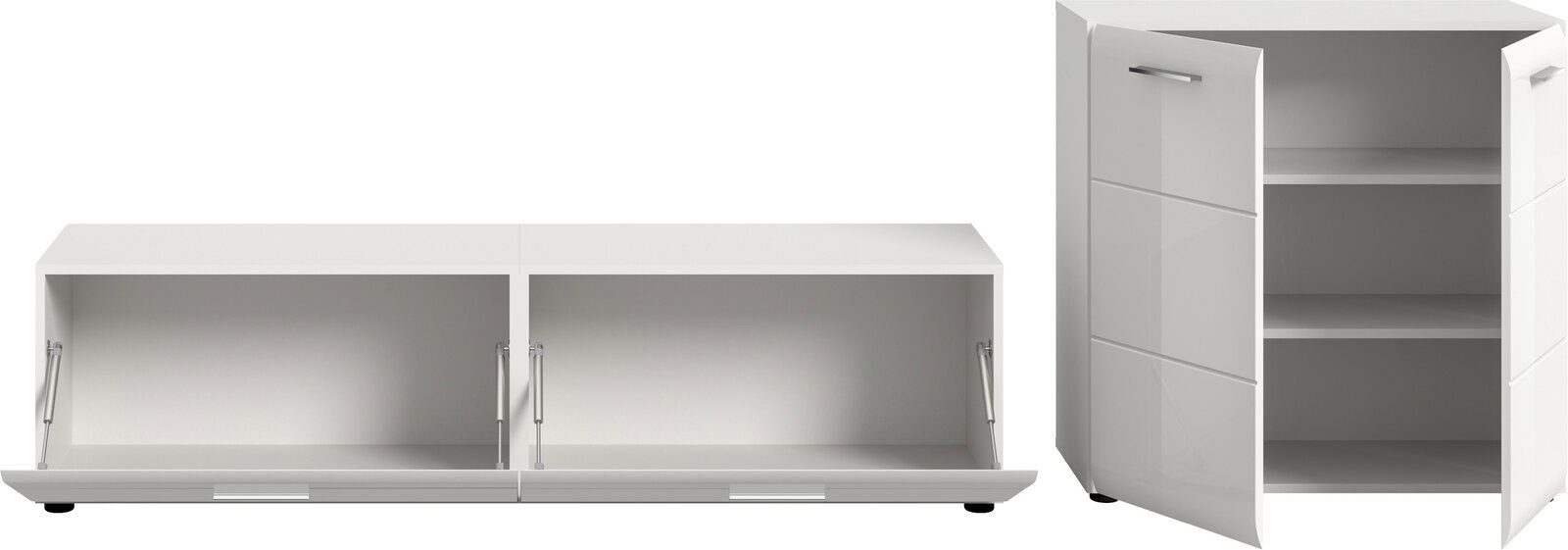 Weißer, hochglänzender TV- und Aufbewahrungsschrank mit zwei Klapptüren und einem seitlichen Schrankteil mit geöffneten Türen und Einlegeböden, Ansicht von vorn in leichter Schrägperspektive