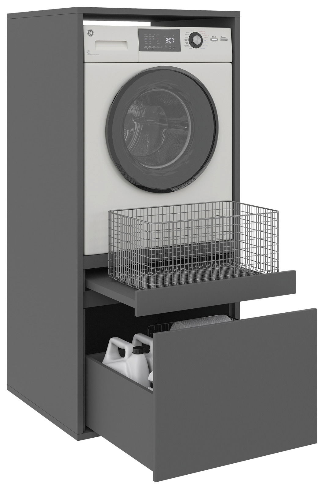 Waschmaschinenschrank mit geöffneter Schublade und Drahtkorb, seitliche Perspektive