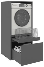 Waschmaschinenschrank mit geöffneter Schublade und Drahtkorb, seitliche Perspektive