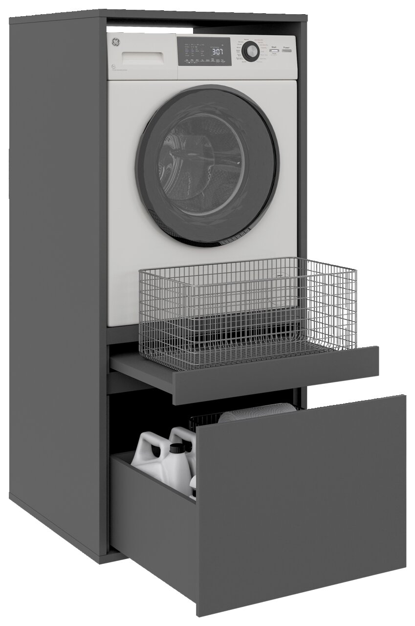 Waschmaschinenschrank mit geöffneter Schublade und Drahtkorb, seitliche Perspektive