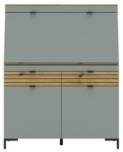 Moderner Sekretär in grauer Farbe mit Holzdetails, frontal abgebildet.